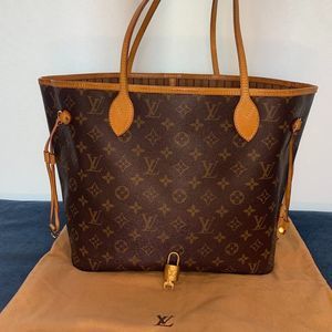 Authentic Louis Vuitton Neverfull MM Monogram Tote Bag Travel Purse + Lock Set